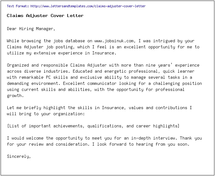 Liability Claims Adjuster Resume Cover Letter