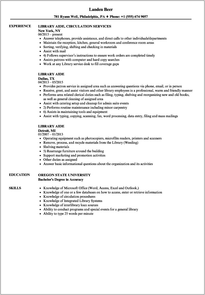 Library Assistant Resume No Experience Sample