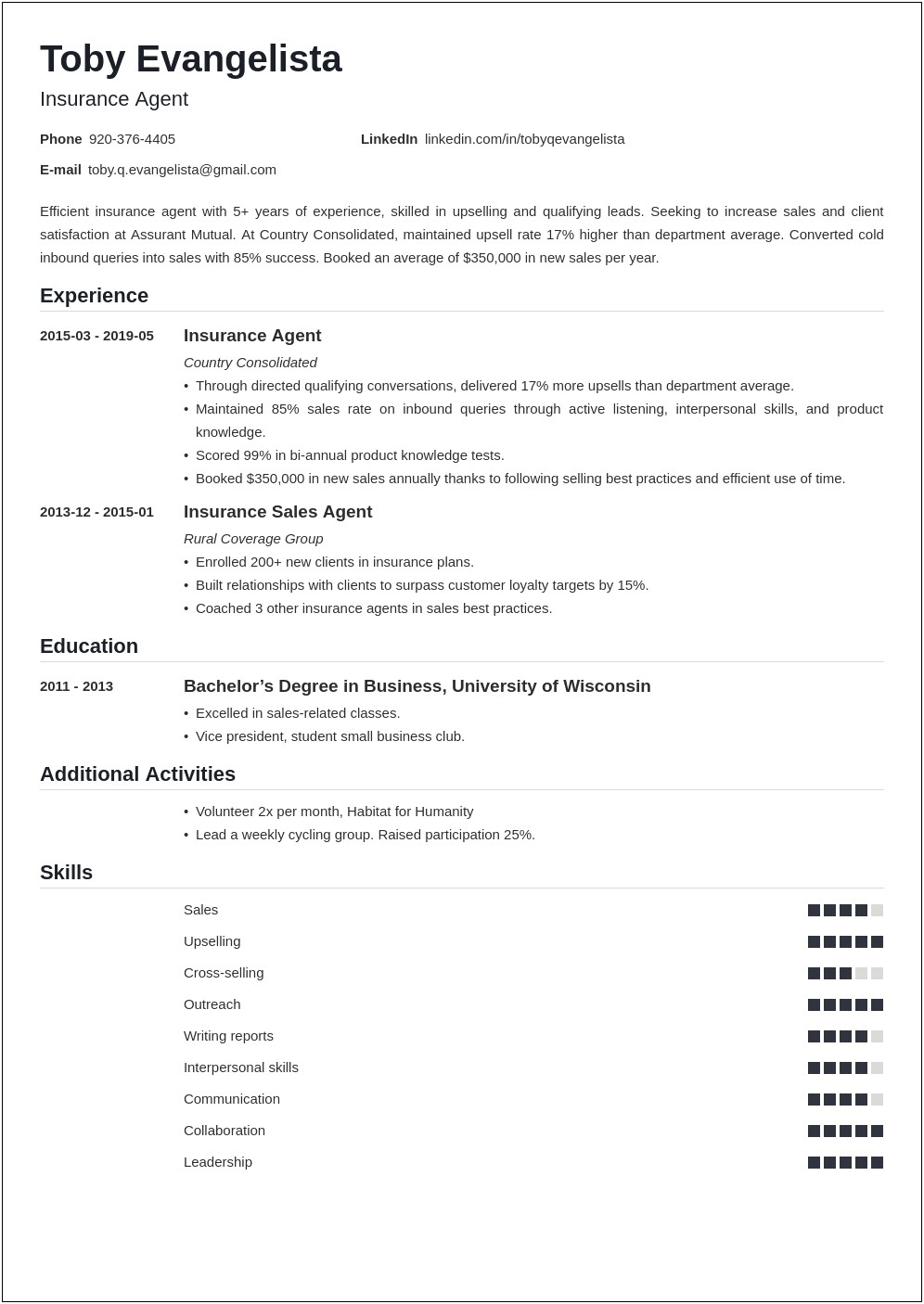 Licensed Insurance Agent Resume With Experience