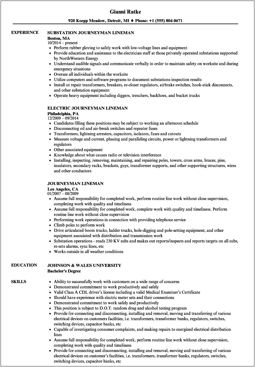 Lineman Apprentice Resume Example With Picture