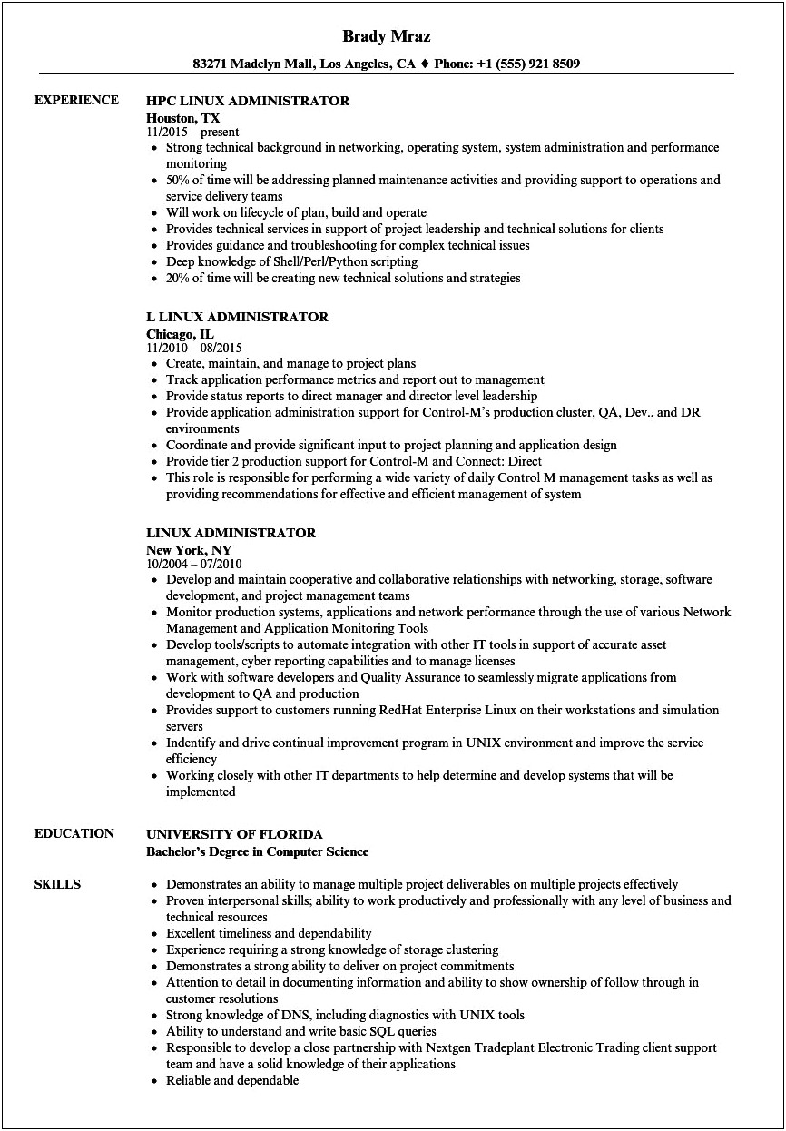 Linux Administrator Resume 1 Year Experience Pdf