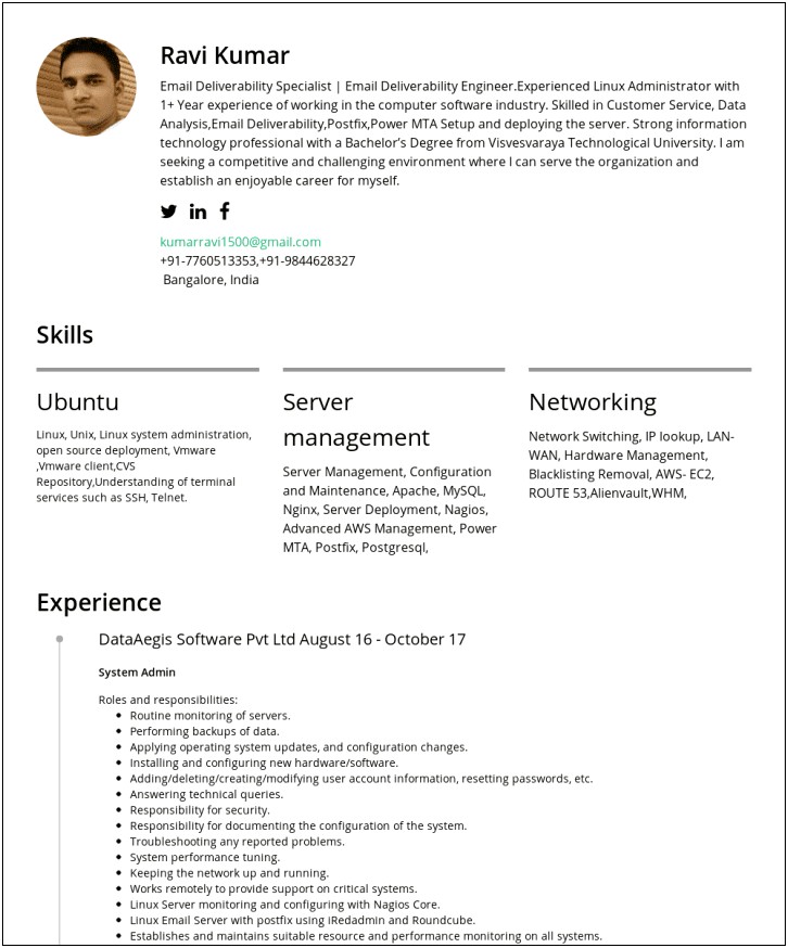 Linux System Administrator 3 Years Experience Resume