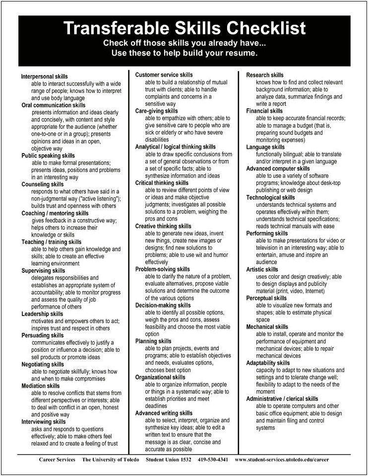 List Of Skills Abilities Experiences Examples For Resume