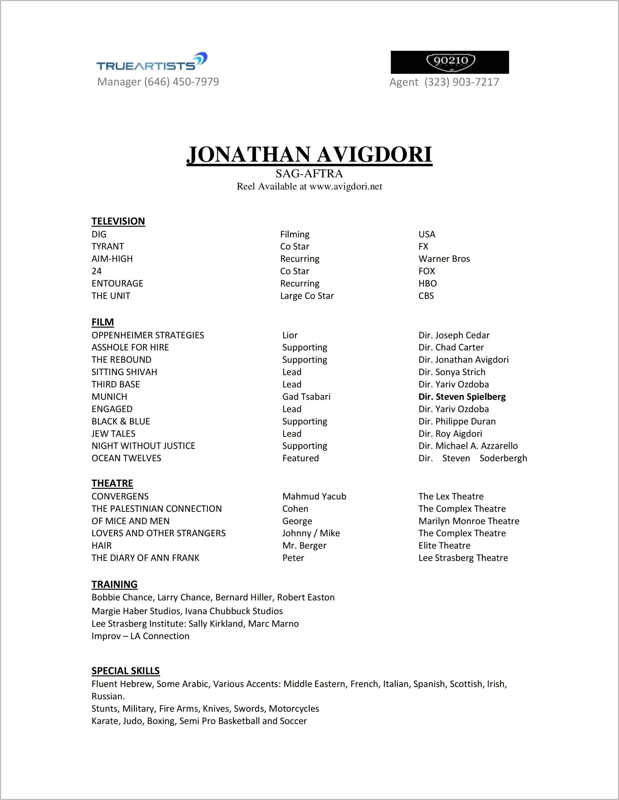 List Of Skills And Talents For Acting Resume