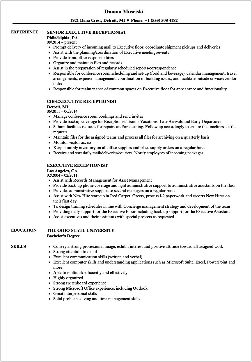 List Of Skills For Resume Receptionist