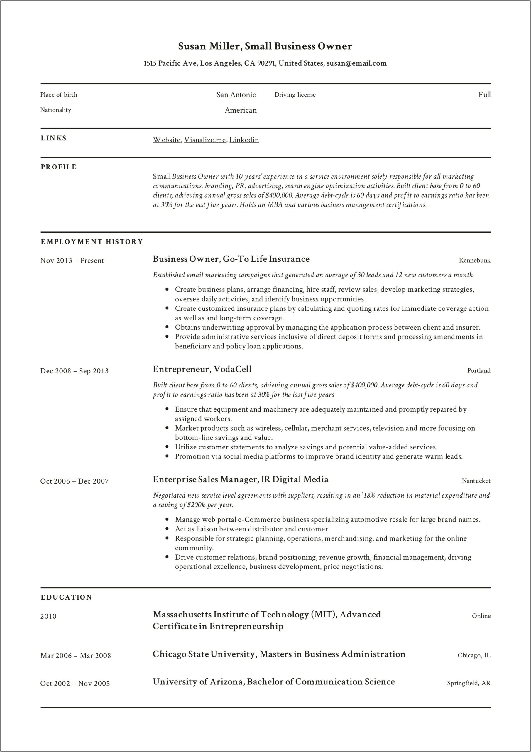 List Of Small Business Skill For Resume