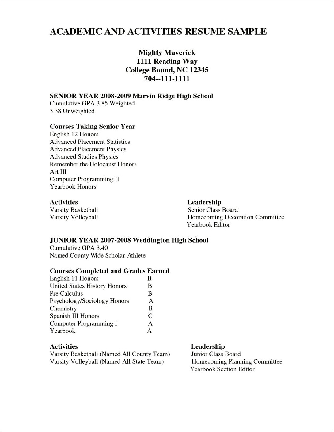 Listing Activities On A Highschool Resume Sample