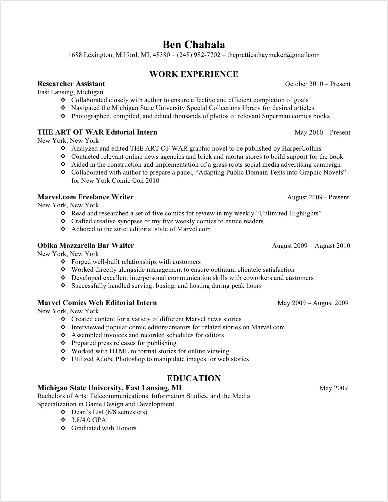 Listing Graduate School Work Experience Resume