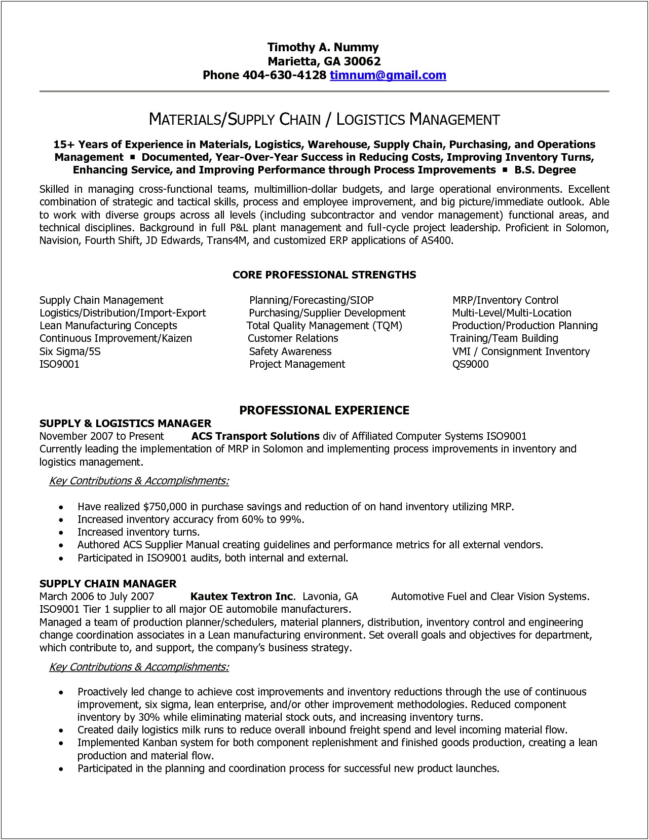 Logistics And Supply Chain Management Sample Resumes
