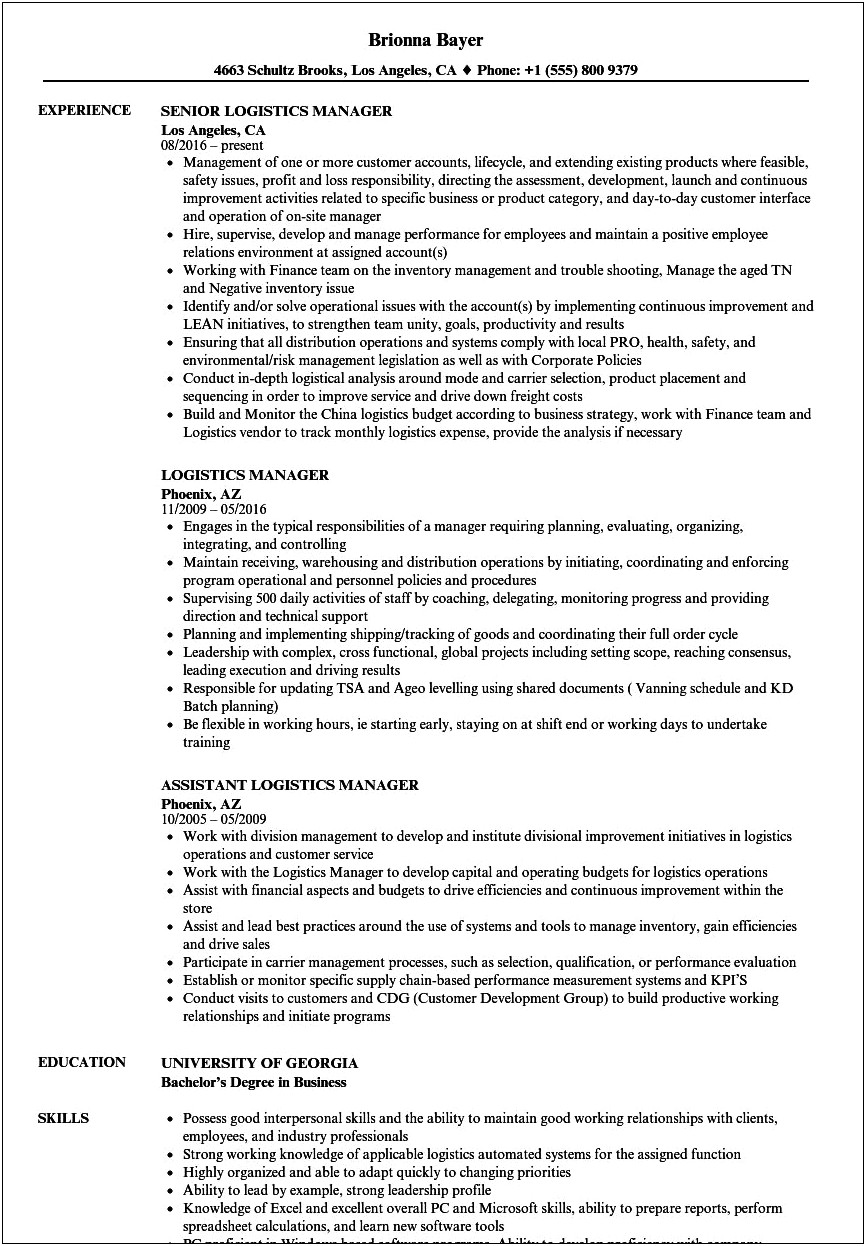 Logistics Manager Job Description Resume Sample