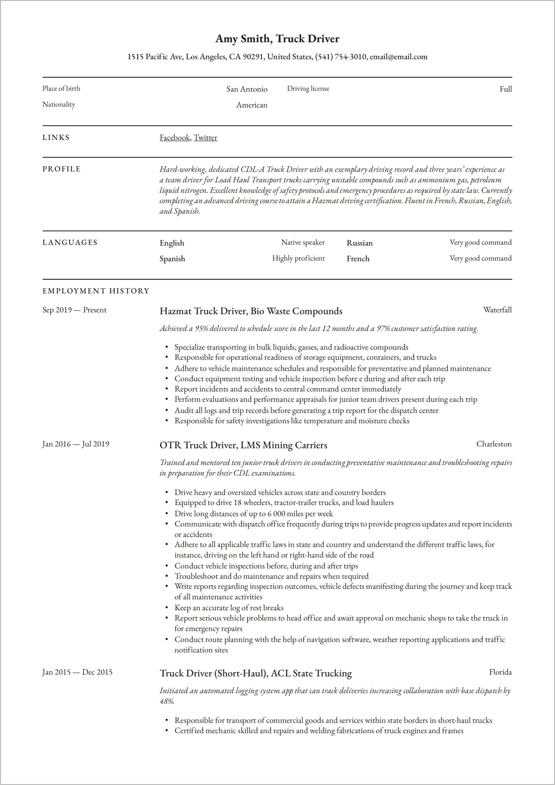 Long Haul Truck Driver Job Description Resume