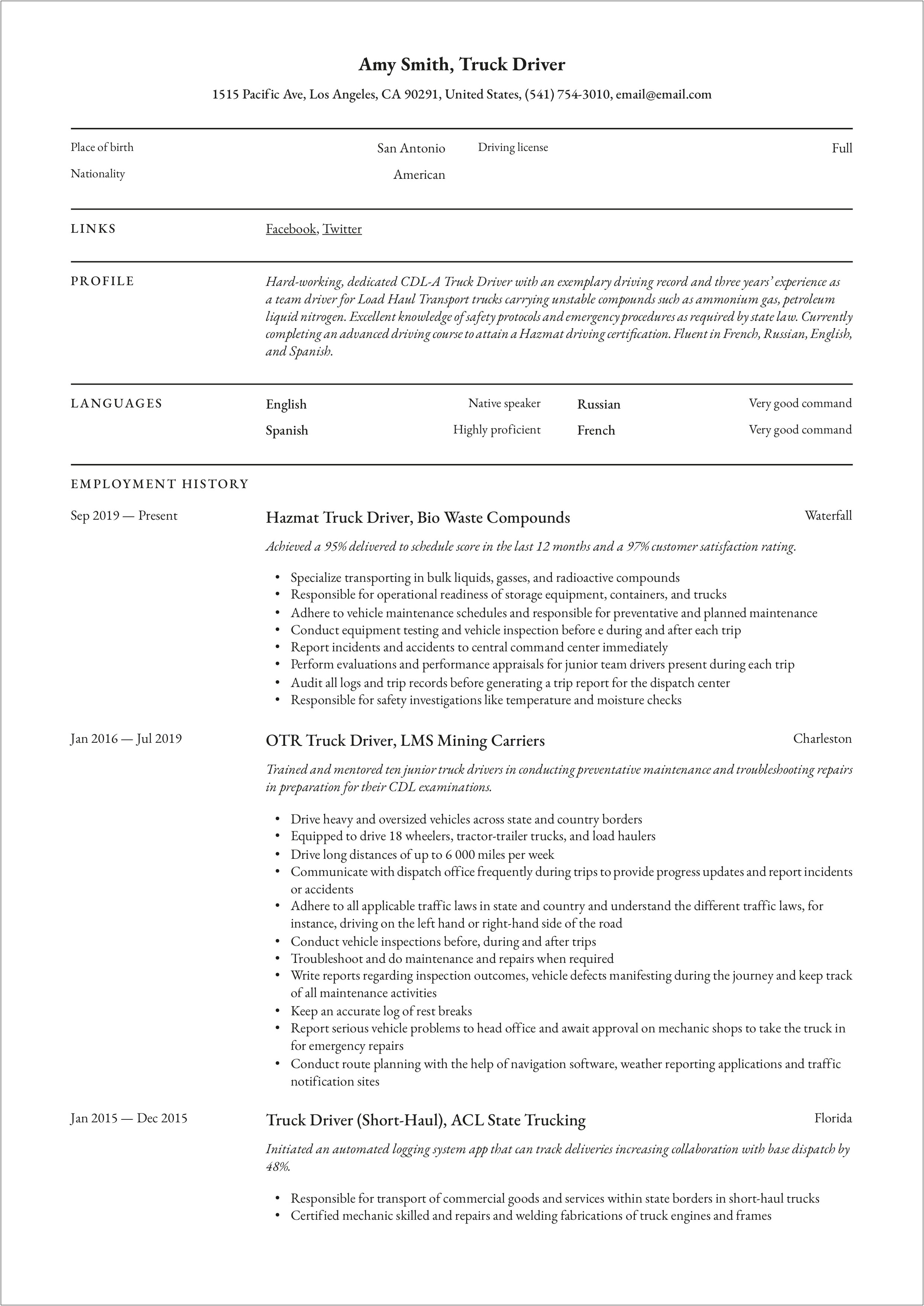 Long Haul Truck Driver Job Description Resume