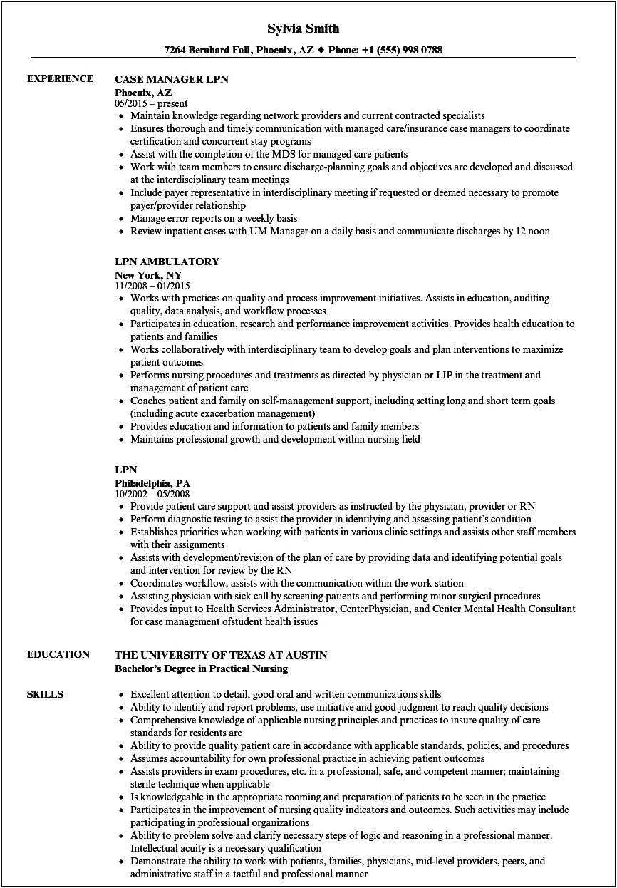 Long Term Care Facility Lpn Resume Example