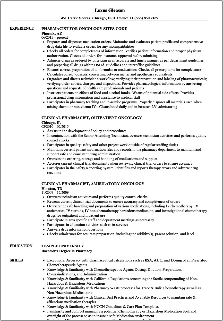 Long Term Care Pharmacist Resume Examples