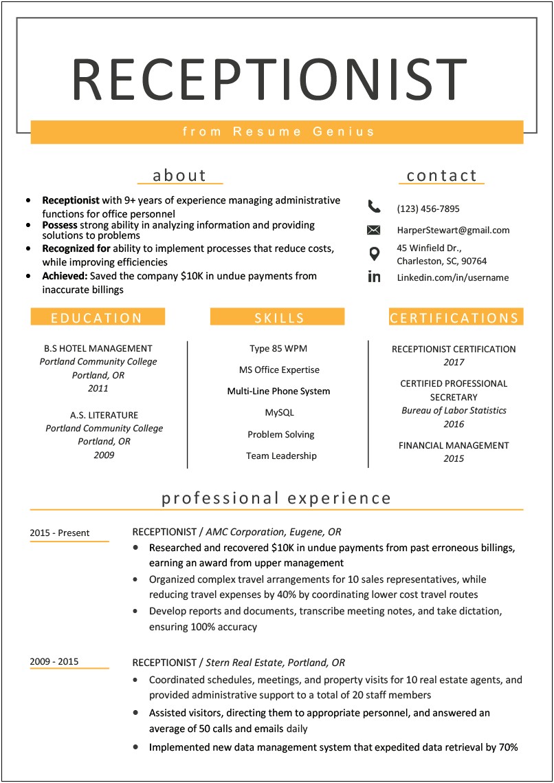 Looking For Receptionist Job With Restaurant Resume