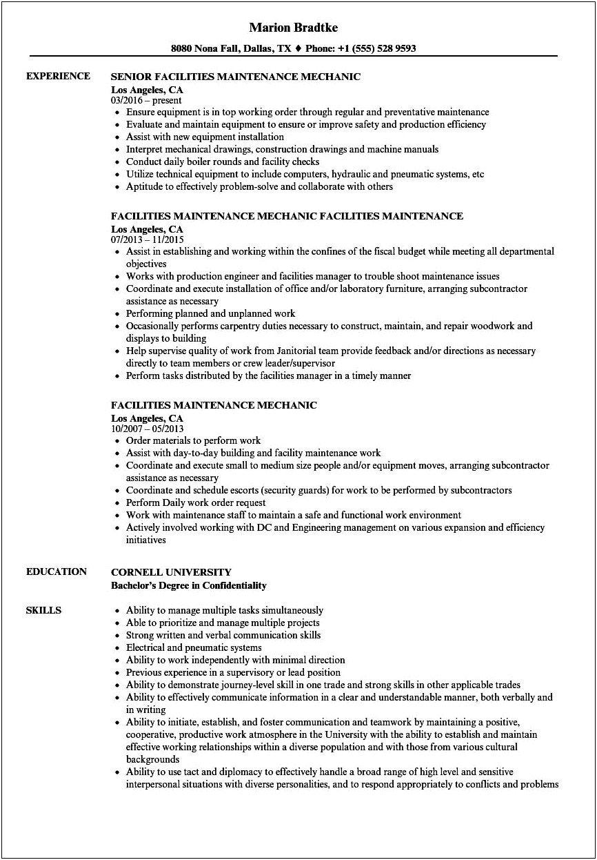 Machine Maintenance Job Description For Resume
