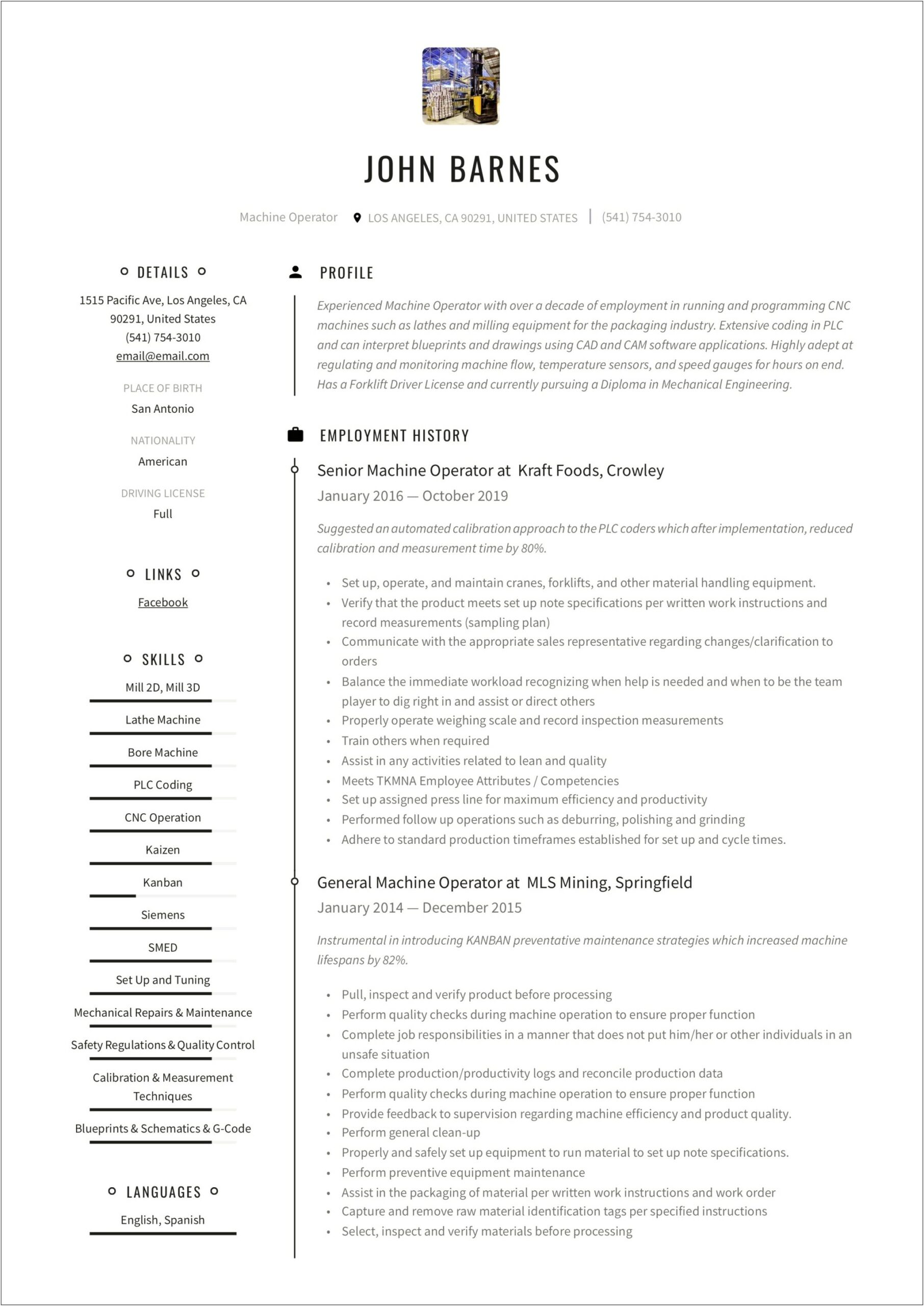 Machine Operator Job Description Sample Resume