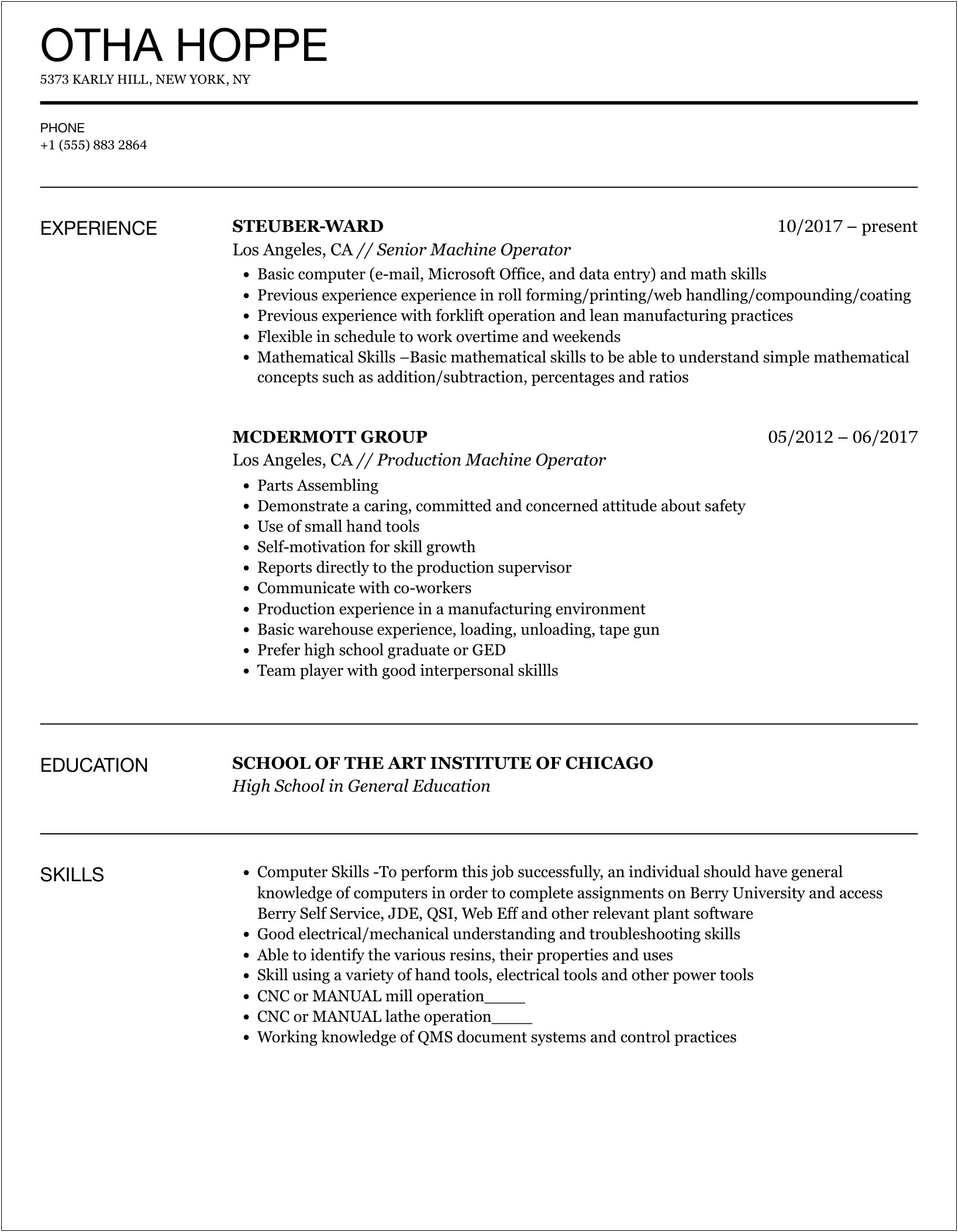 Machine Operator Sample Resume Jobbank Usa