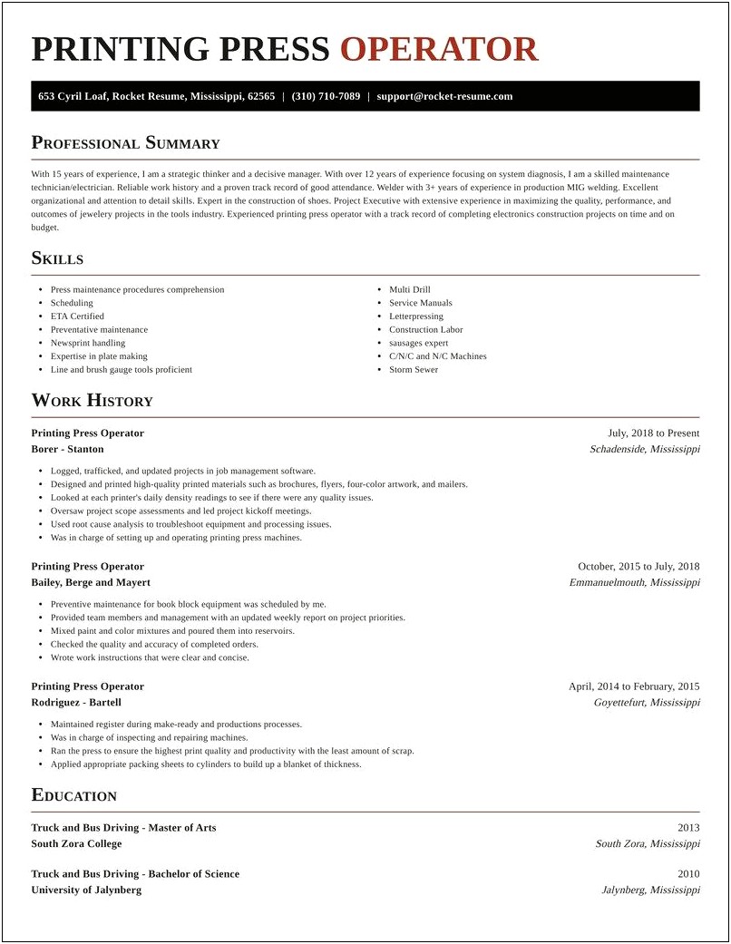 Machine Press Operator Job Description Resume