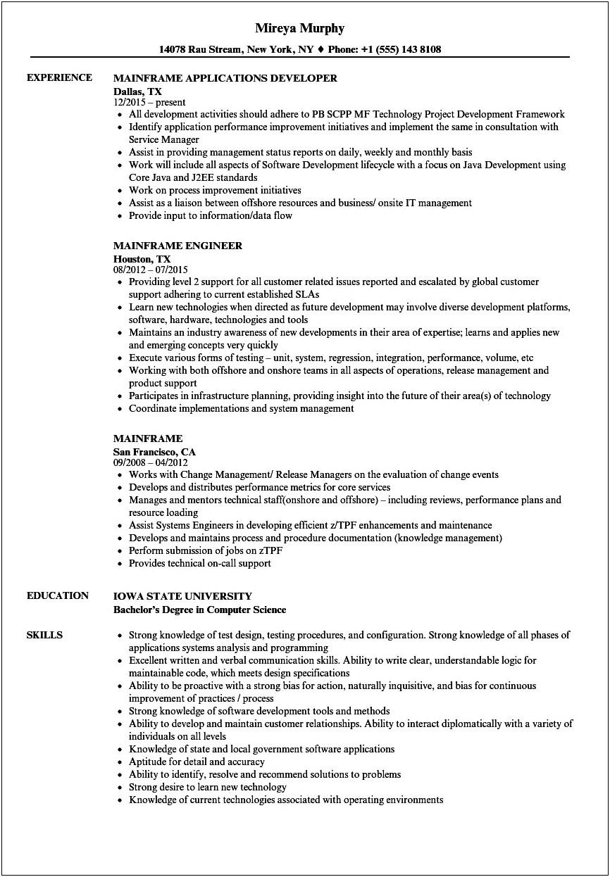 Mainframe Resume For 5 Years Experience