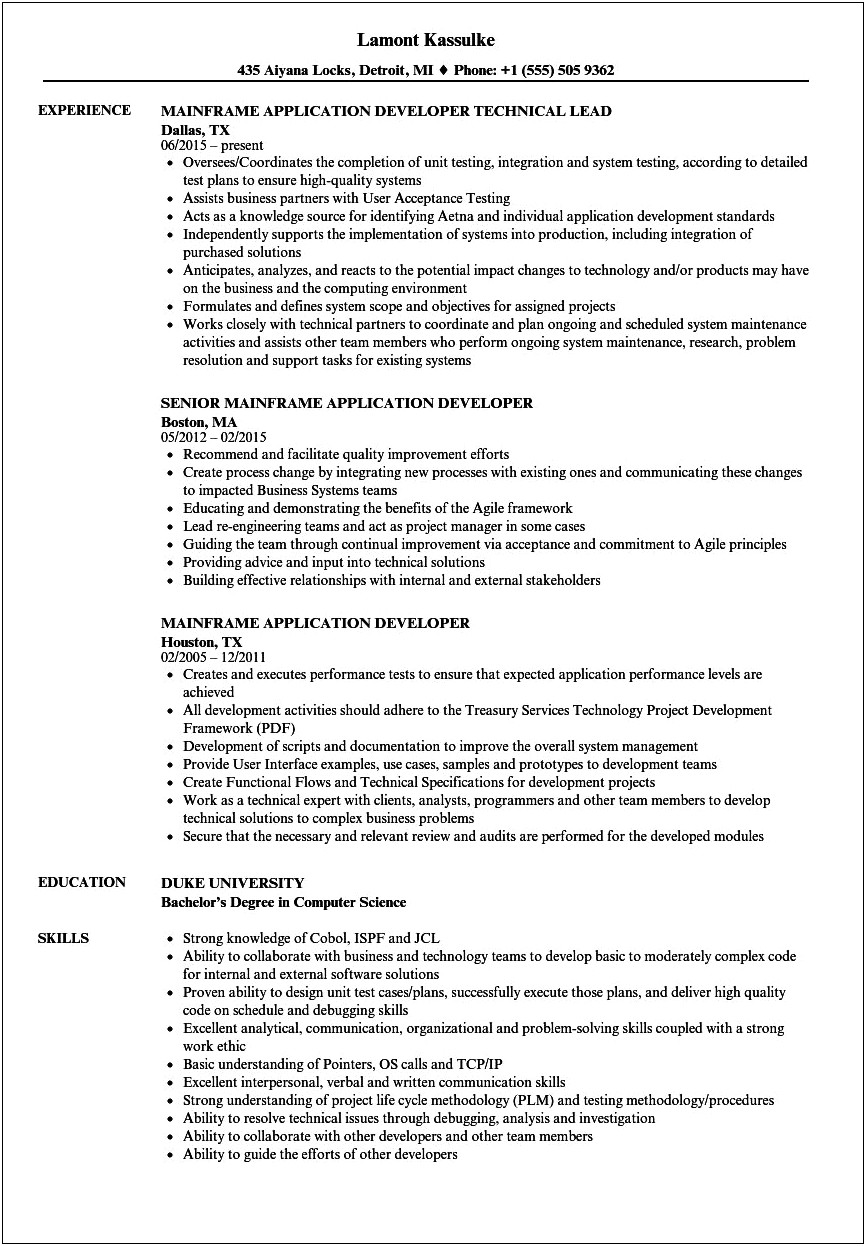 Mainframe Resume Samples For 10 Years Experience