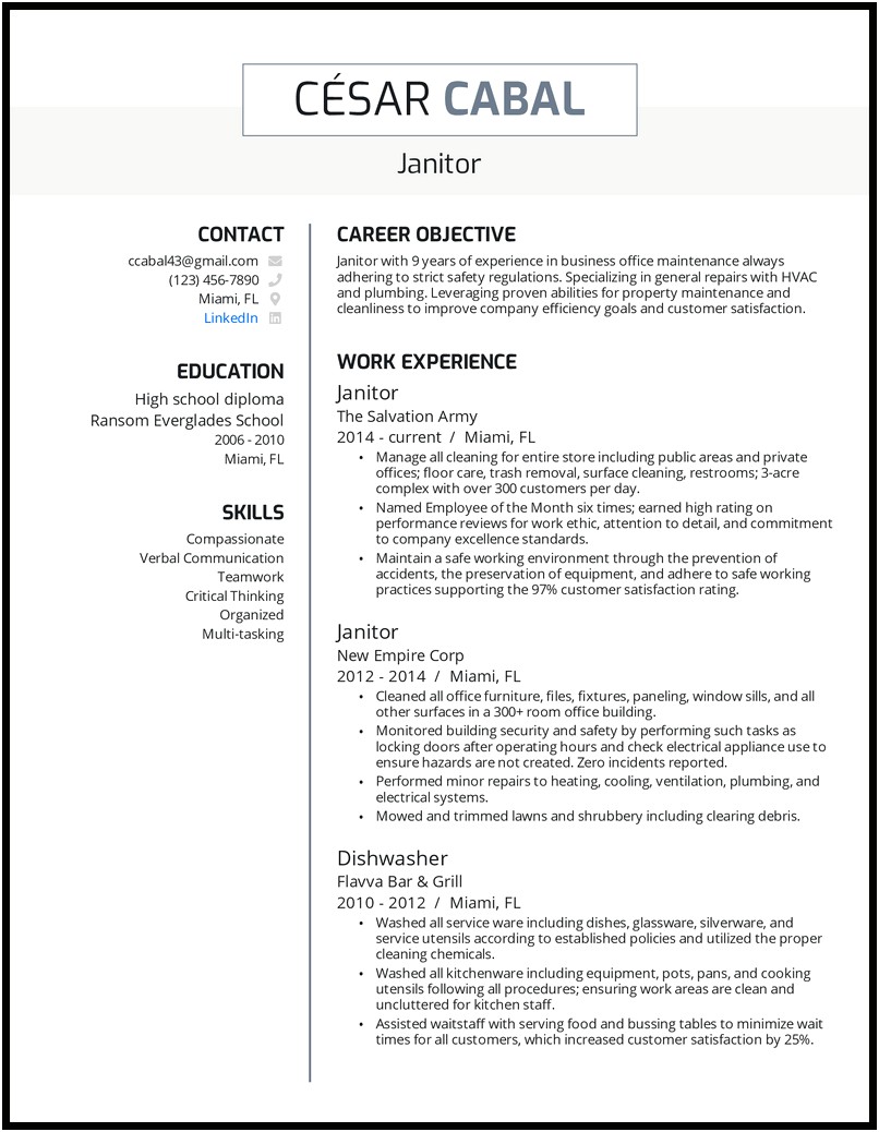Maintenance Cleaner Job Description For Resume