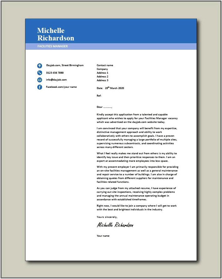 Maintenance Manager Resume Cover Letter Examples