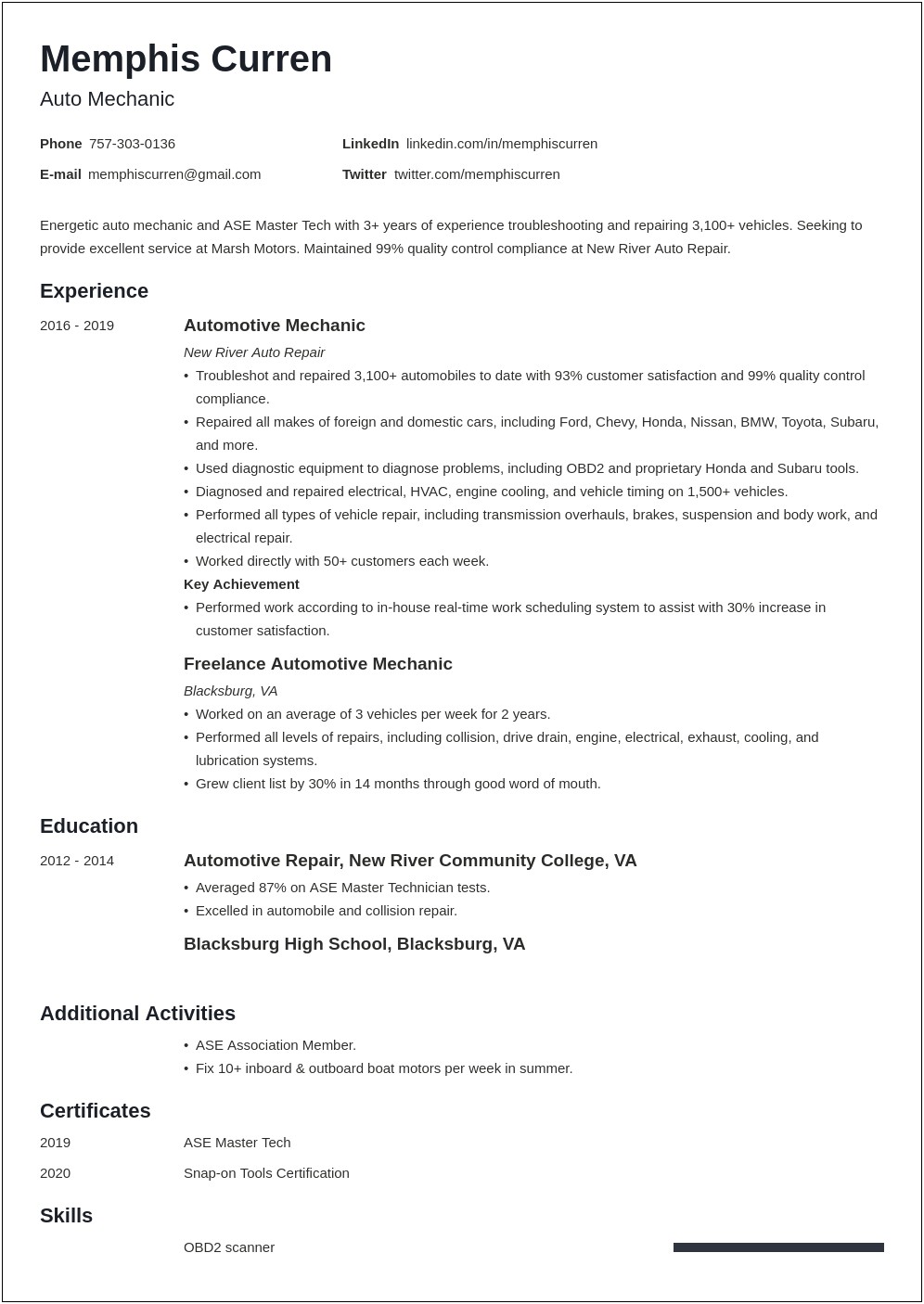 Maintenance Skills And Qualifications For Resume