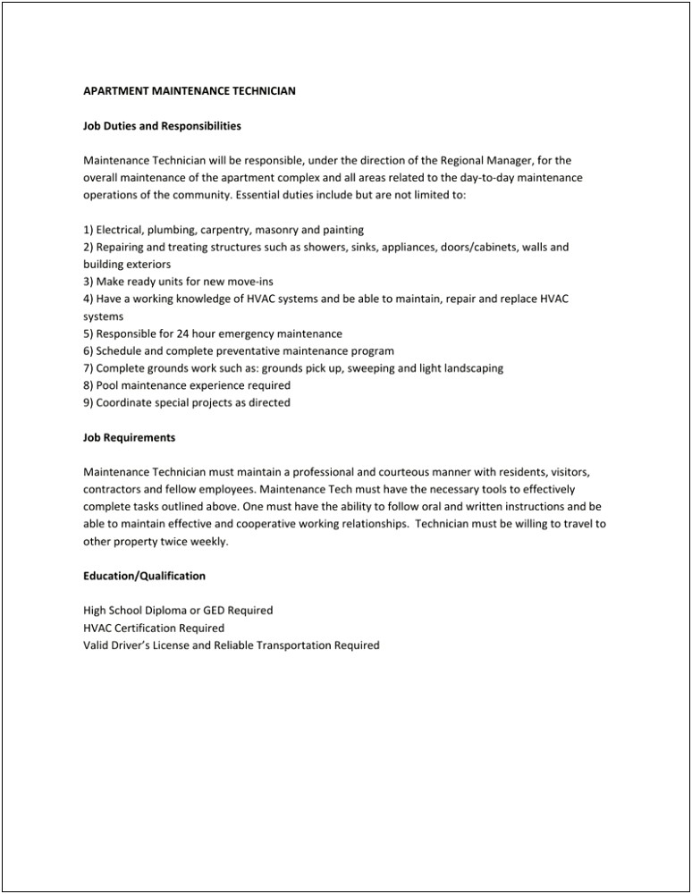 Maintenance Technician Job Description In Resume