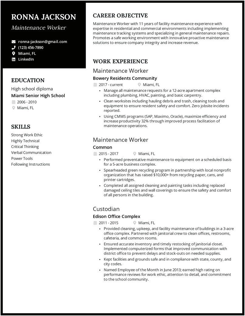 Maintenance Worker Resume Summary Of Qualifications