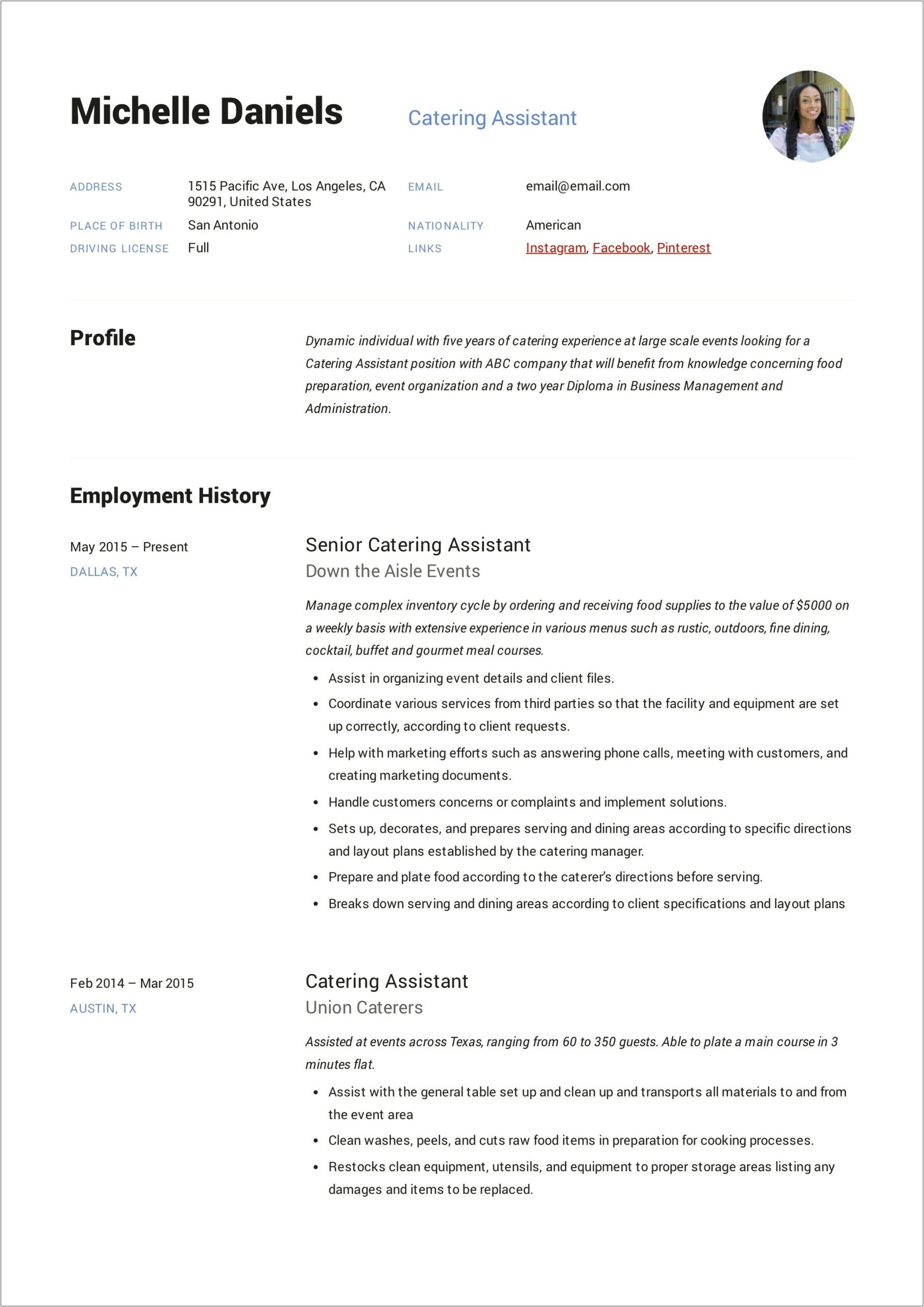 Manage Catering Job Description For Resume