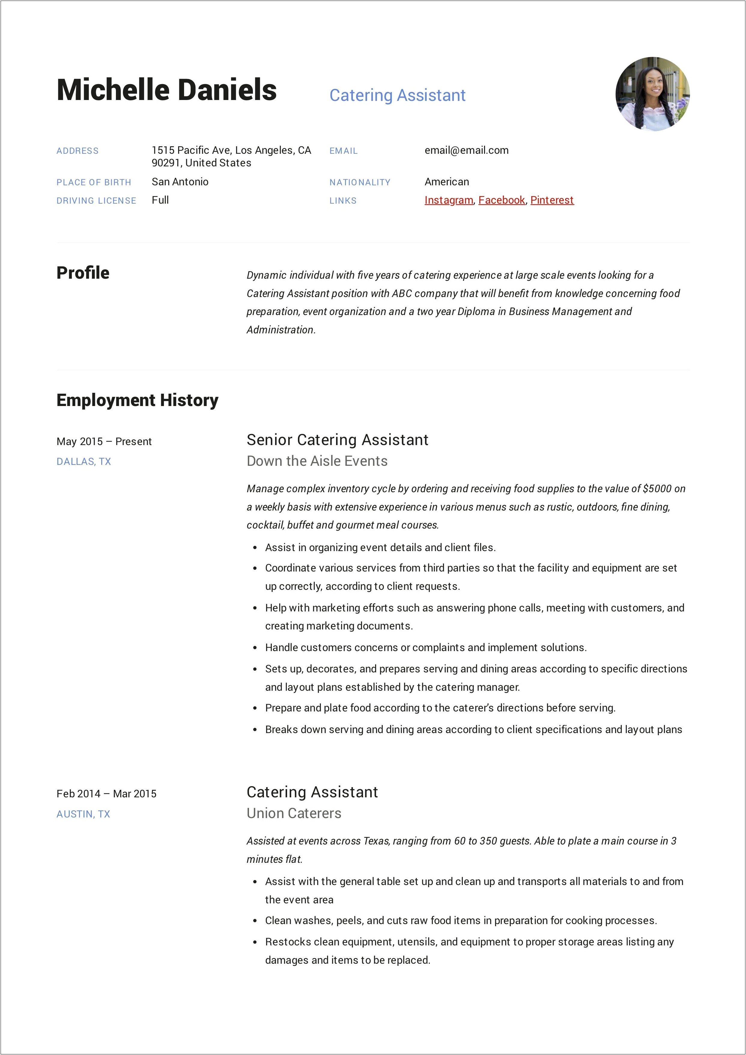 Manage Catering Job Description For Resume