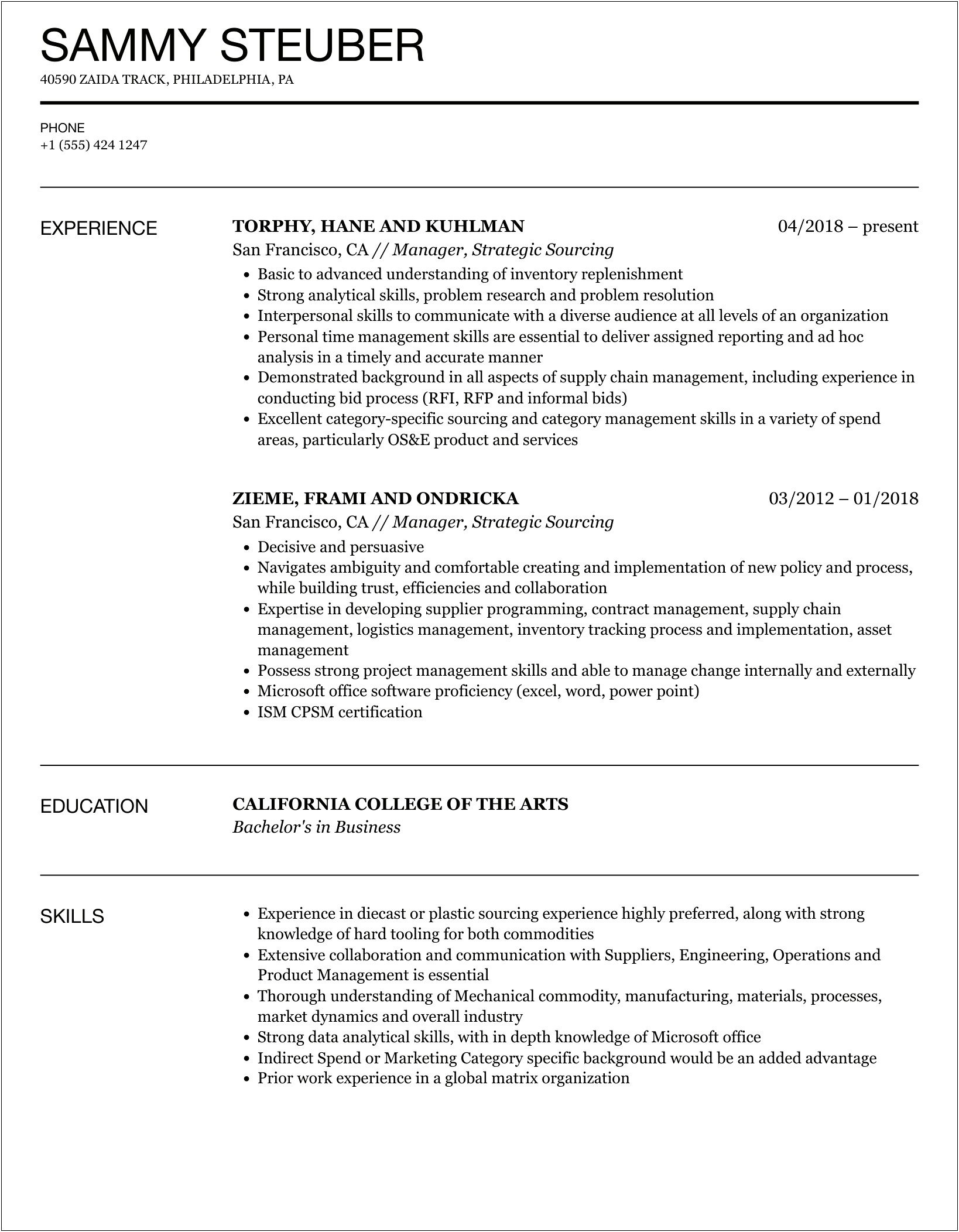 Managed Supplier Lifecycle Strategic Sourcing Resume