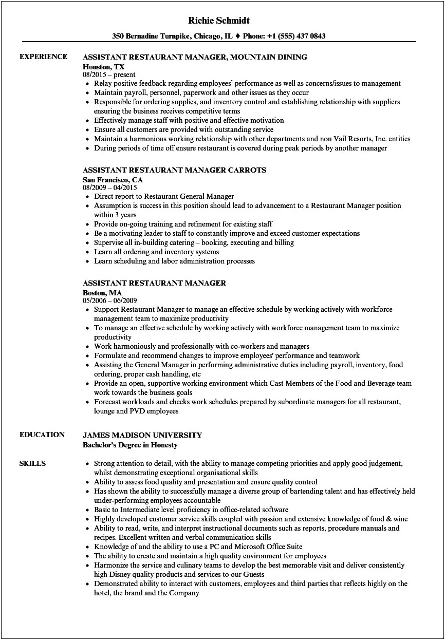 Manager Assistant In The Restaurant Resume