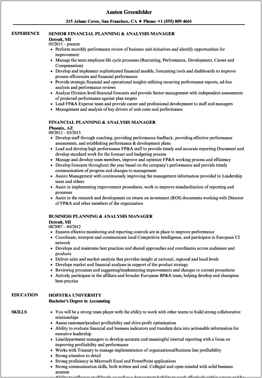 Manager Financial Planning And Analysis Resume Sample