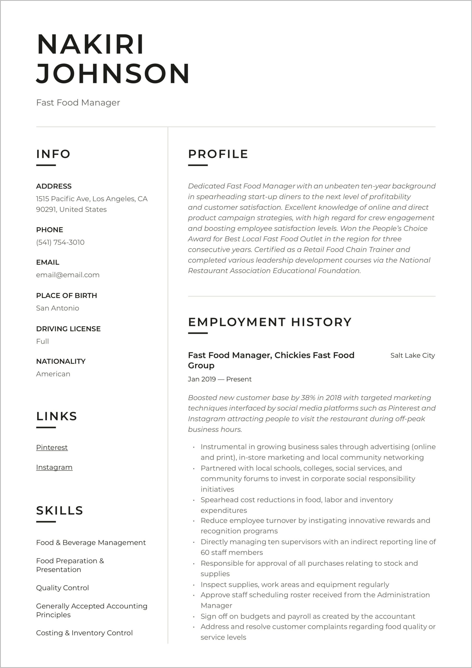 Manager In Training Fast Food Resume