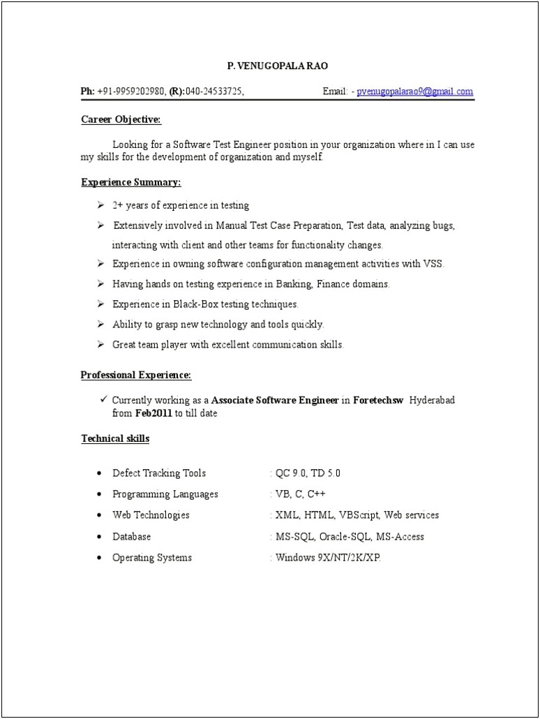 Manual Testing Resume For 2 Years In Experience