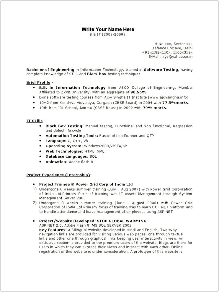 Manual Testing Sample Resume For 2 Years Experience