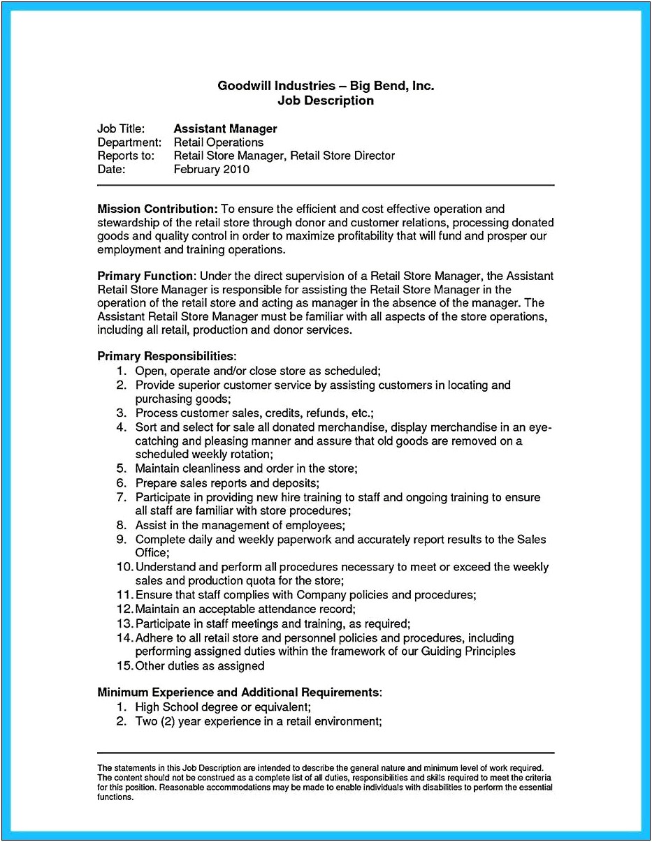 Manufacturing Operations Manager Job Description For Resume