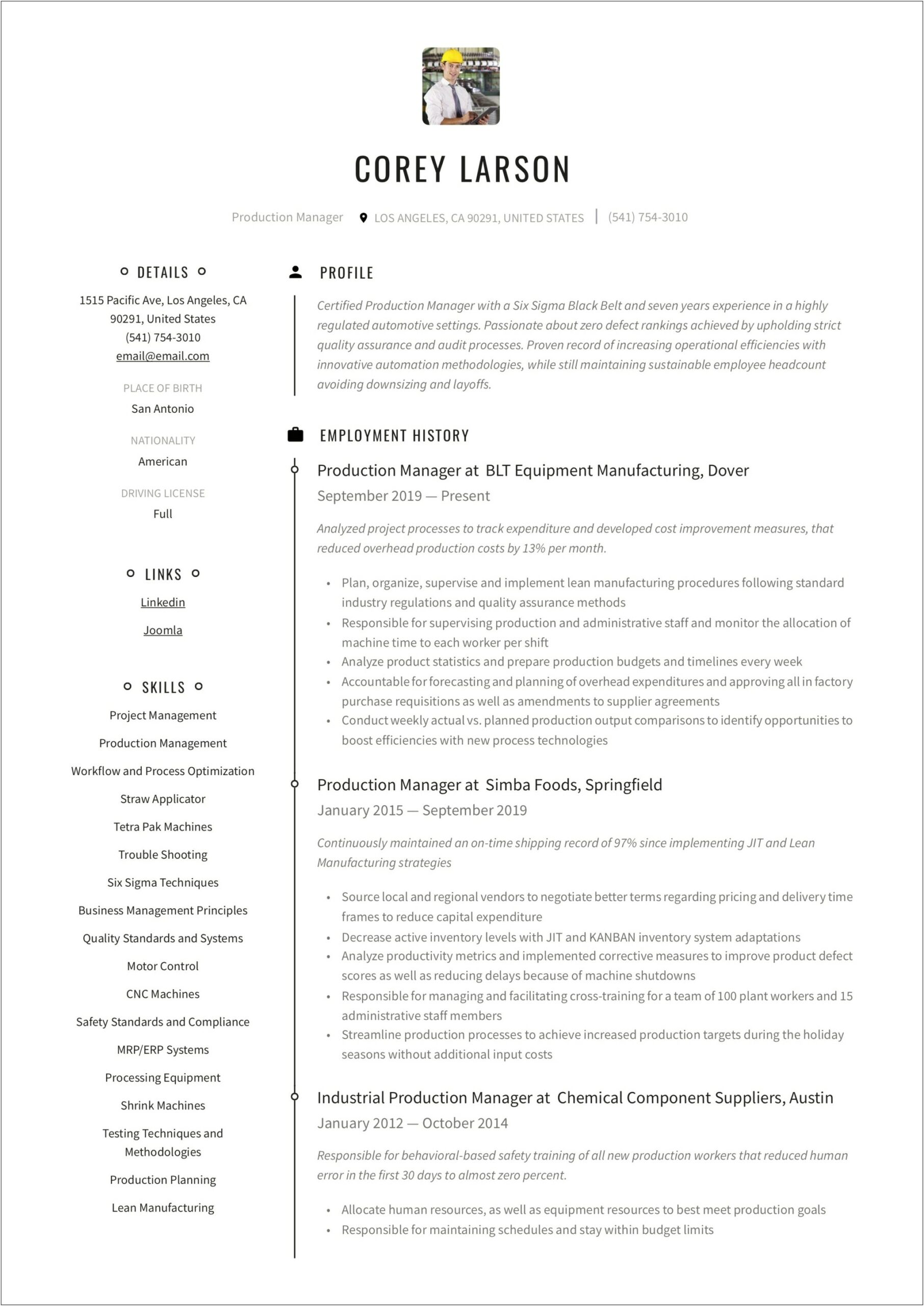 Manufacturing Production Supervisor Resume Free Download