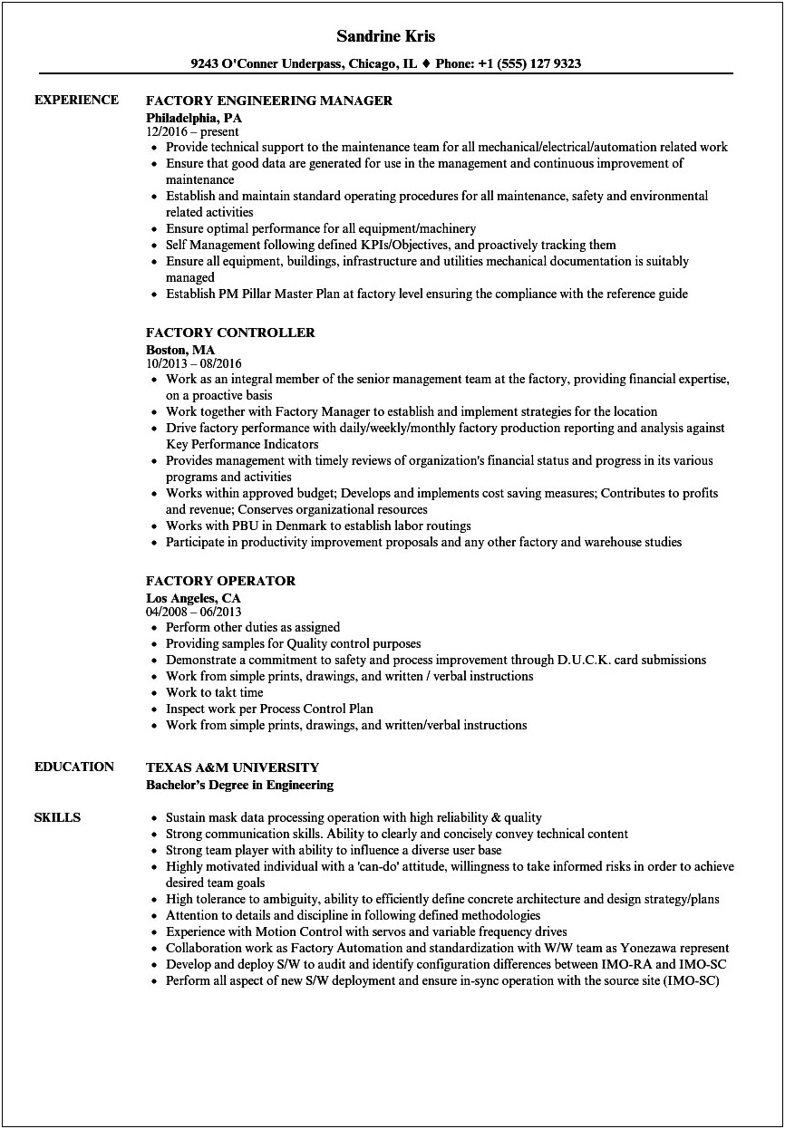 Manufacturing Production Worker Job Description For Resume