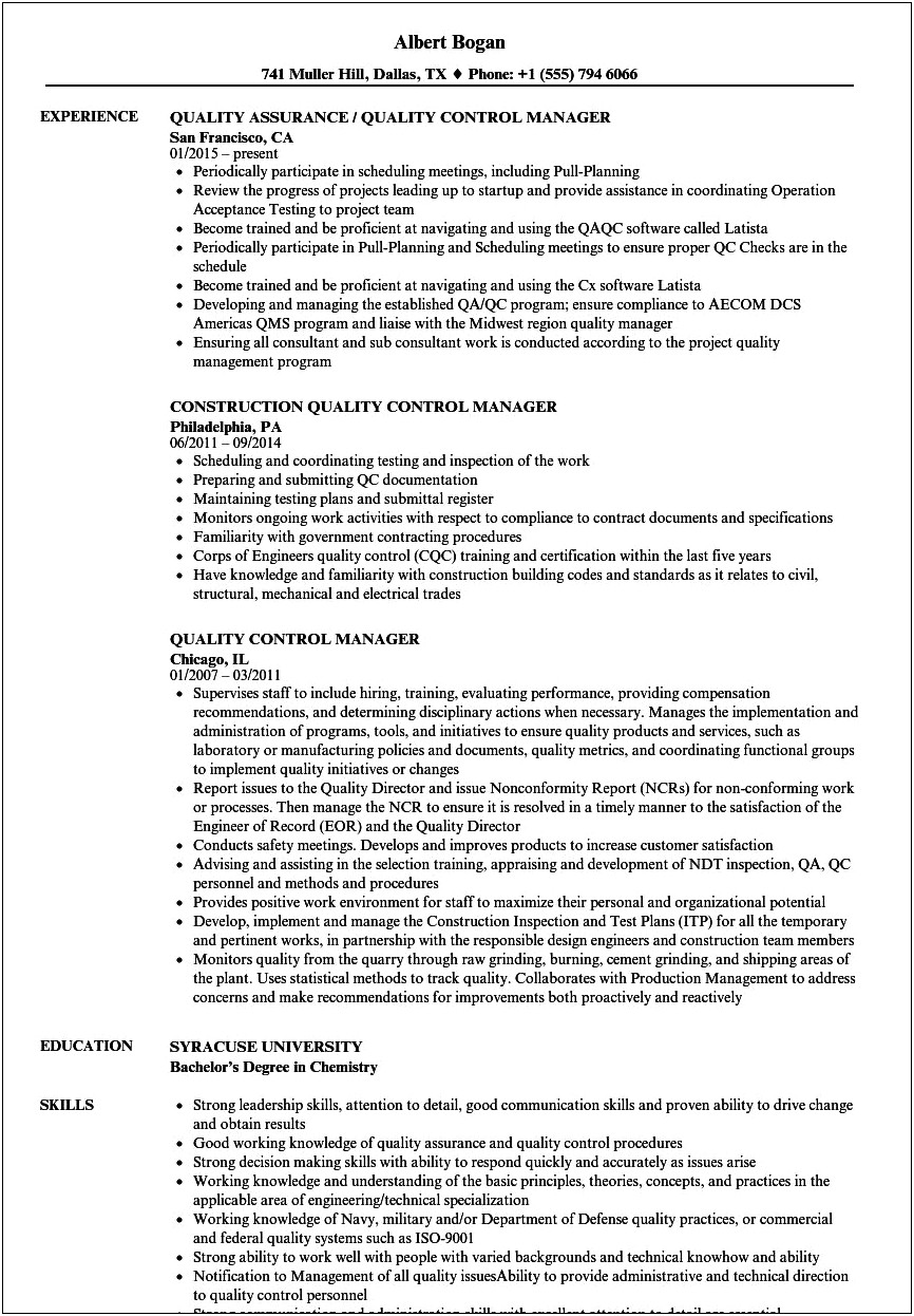 Manufacturing Quality Control Skills For Resume