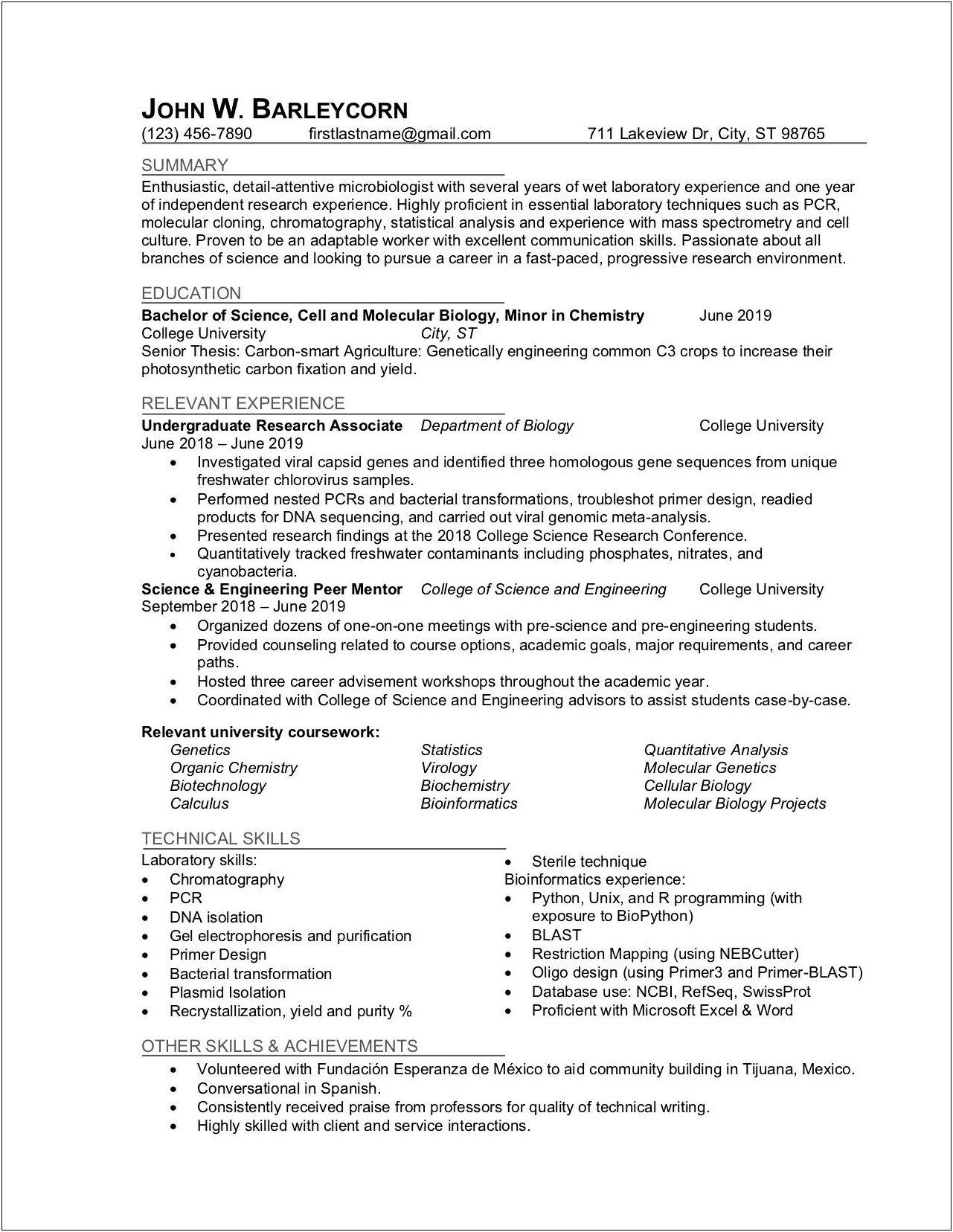 Marine Biology Resume Summary Entry Level