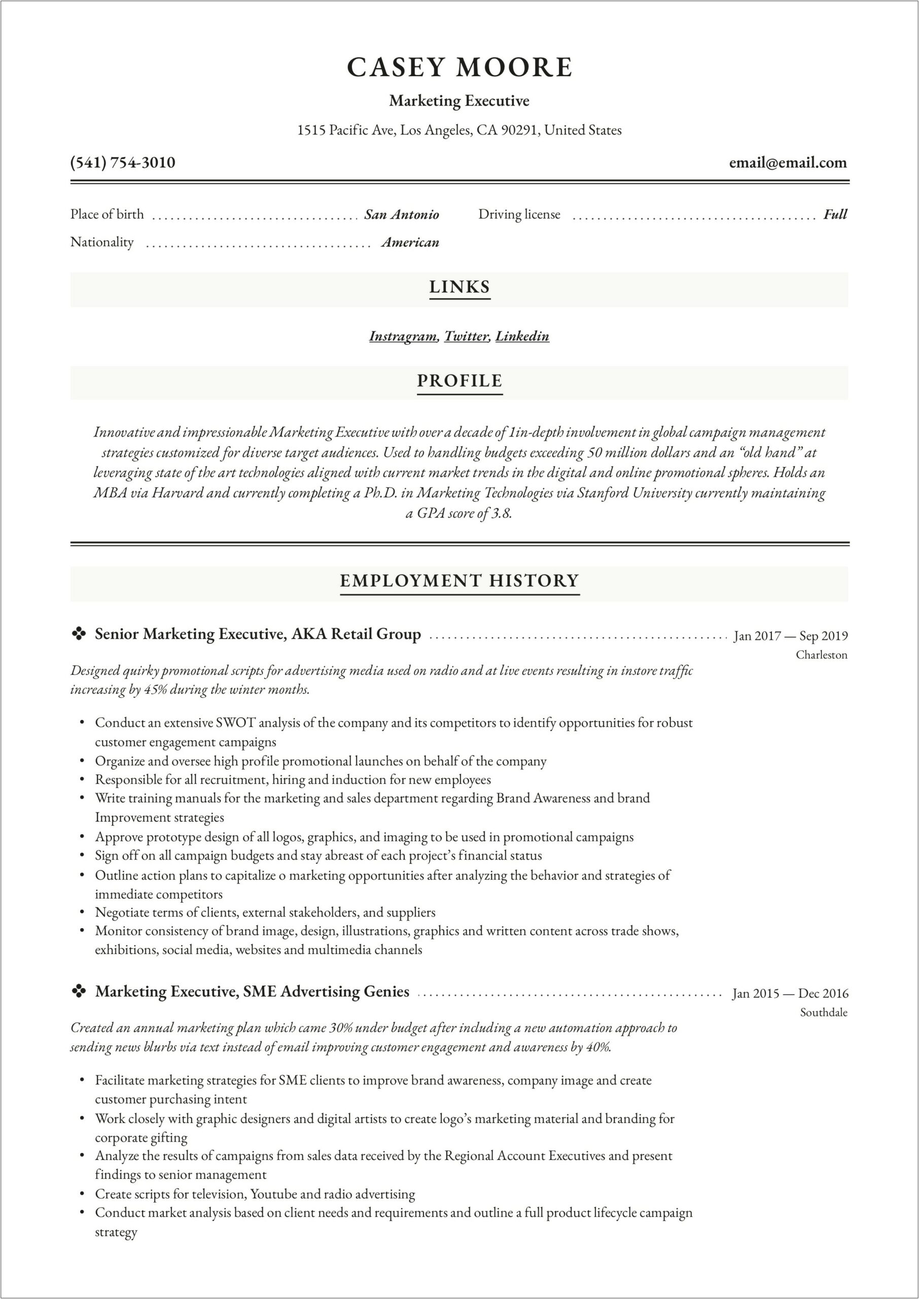 Marketing Executive Job Description For Resume
