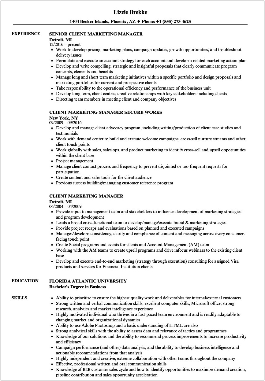 Marketing Manager Skills And Responsibilities Resume