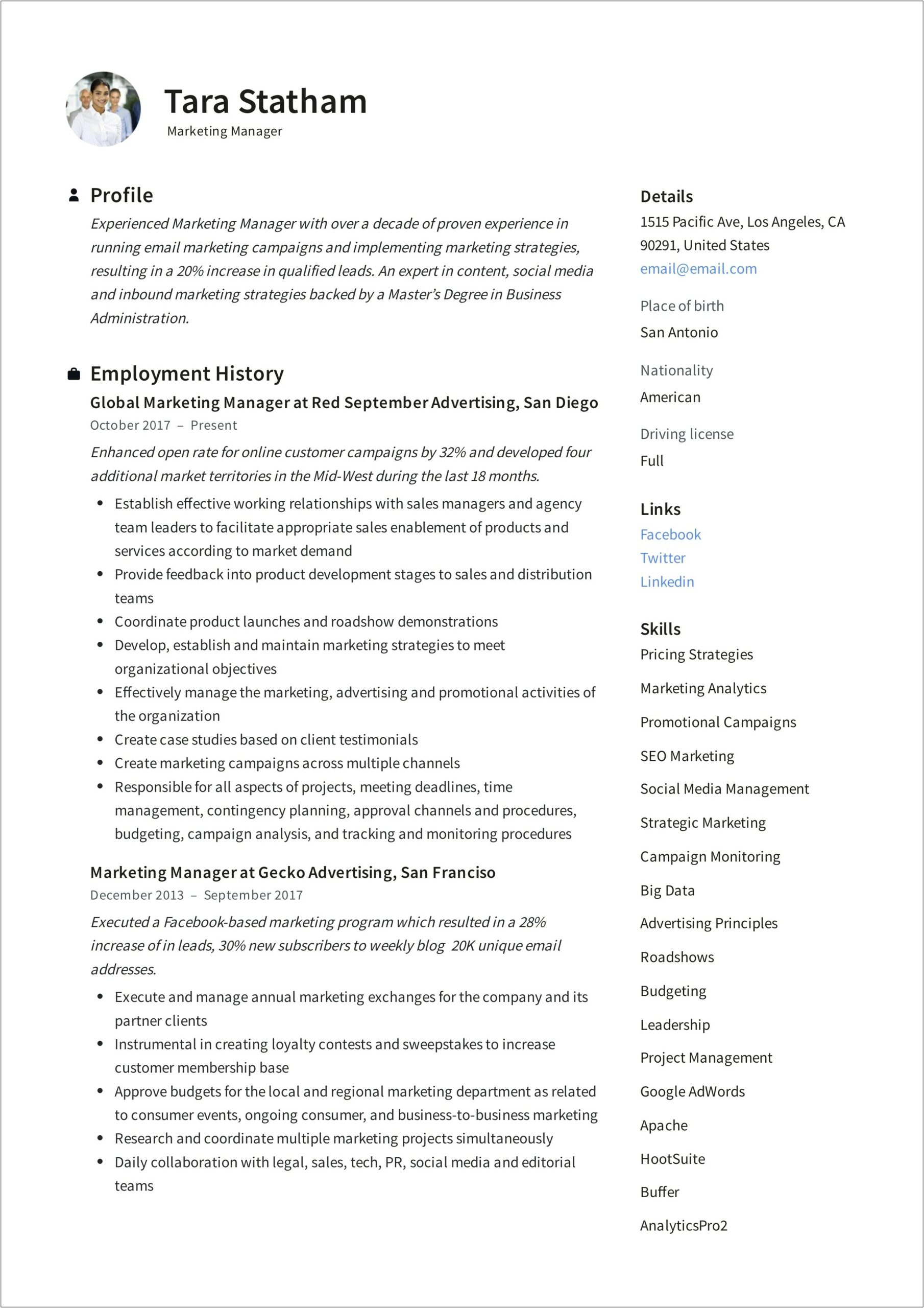 Marketing Project Manager Resume Summary Example