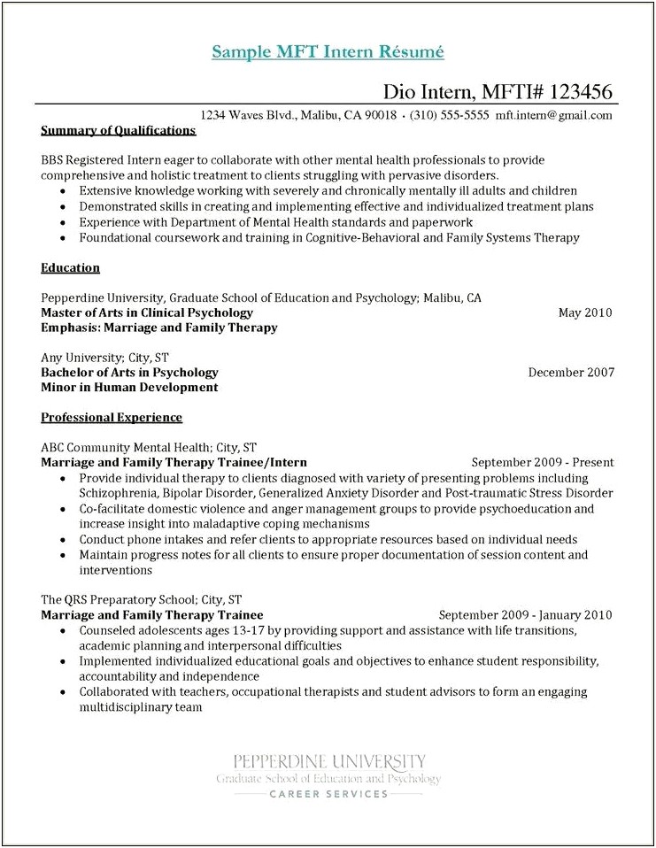 Marriage And Family Therapist Intern Resume Example
