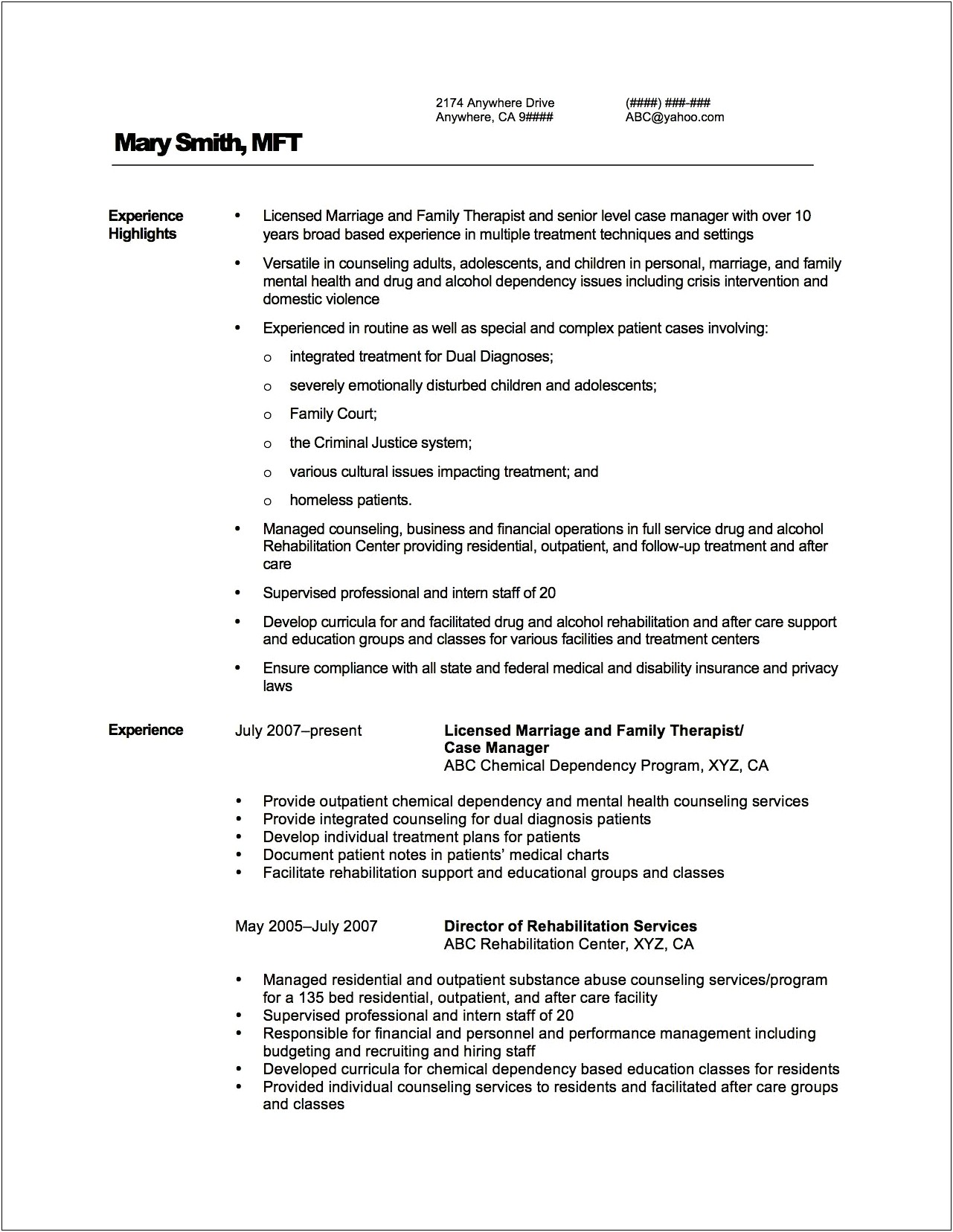 Marriage And Family Therapist Resume Template