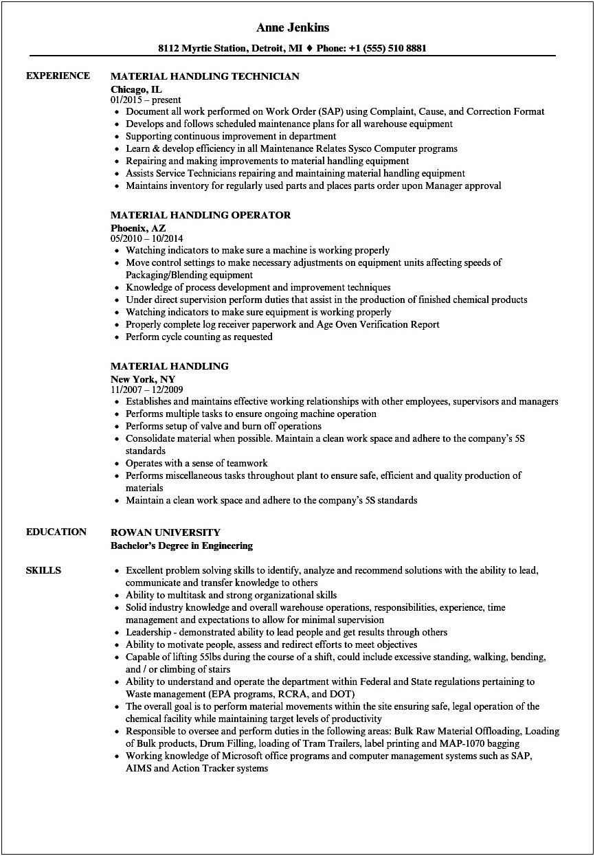 Material Handler I Experience On A Resume
