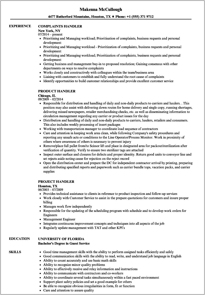 Material Handler Job Summary For Resume